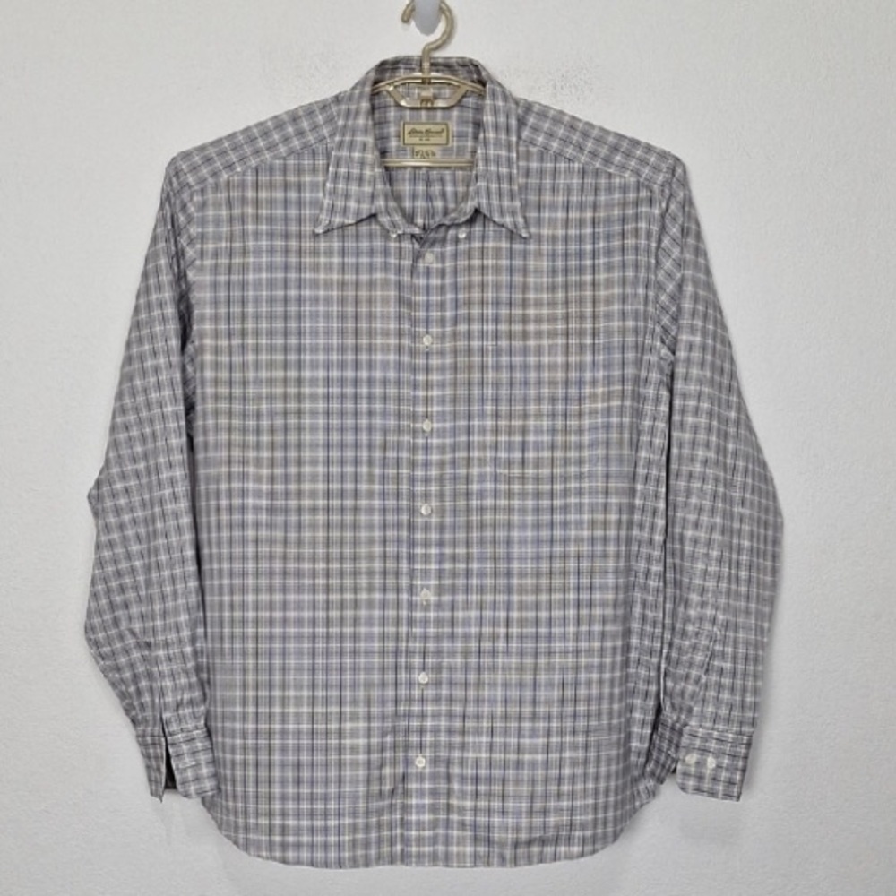 Eddie Bauer Gray Blue Plaid Western Careerwear Button Down Shirt Size Tall XXL